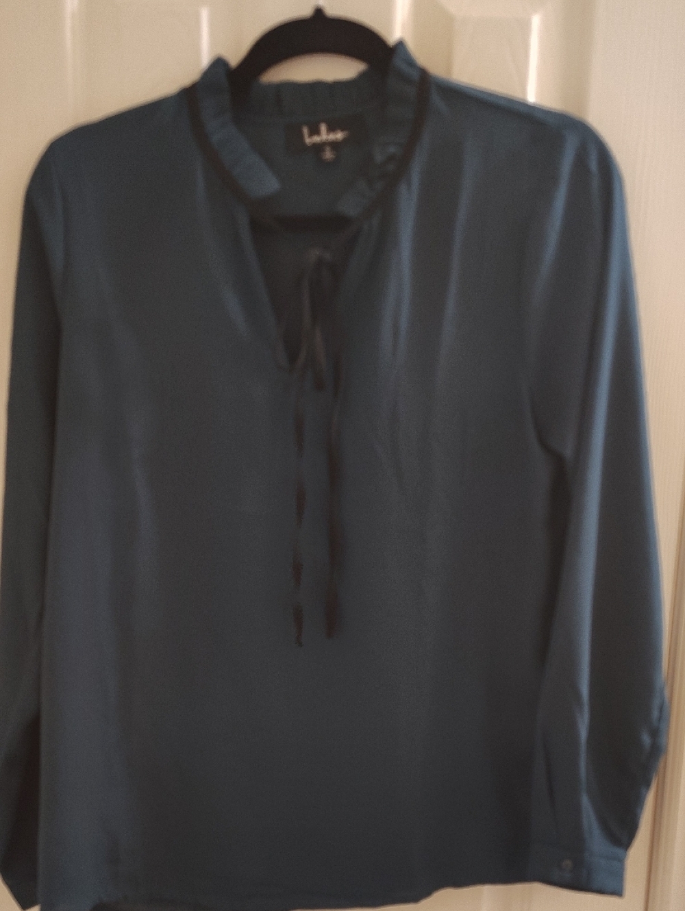 Lulu's Teal Ruffle Tie-Neck Blouse with Long Sleeves